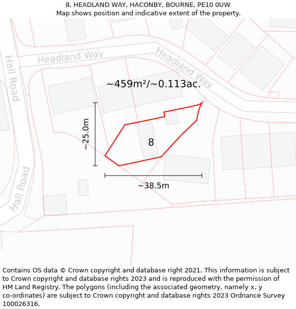 8, HEADLAND WAY, HACONBY, BOURNE, PE10 0UW: Plot and title map