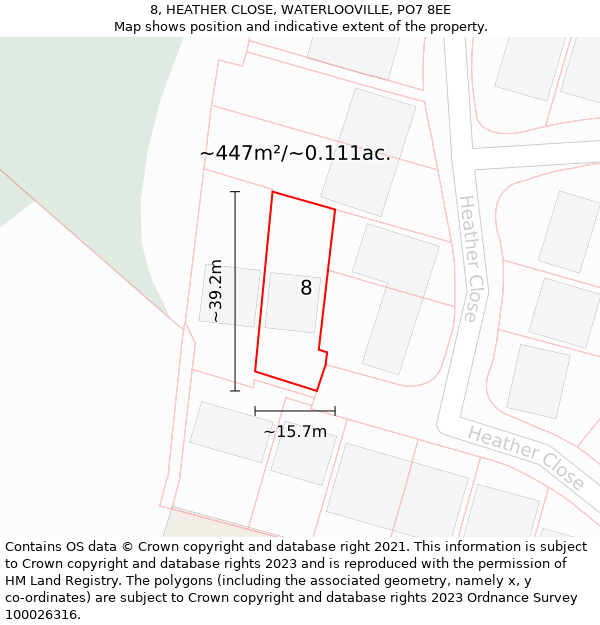 8, HEATHER CLOSE, WATERLOOVILLE, PO7 8EE: Plot and title map