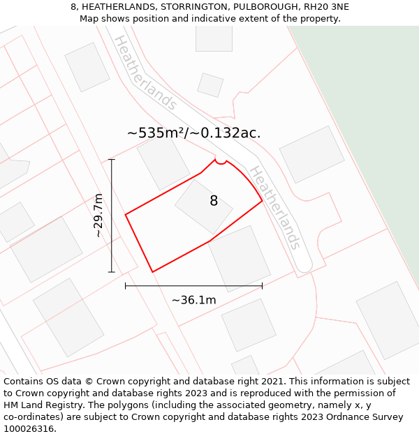 8, HEATHERLANDS, STORRINGTON, PULBOROUGH, RH20 3NE: Plot and title map