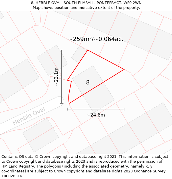 8, HEBBLE OVAL, SOUTH ELMSALL, PONTEFRACT, WF9 2WN: Plot and title map