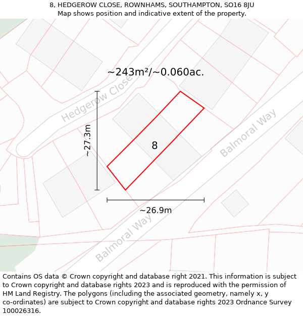 8, HEDGEROW CLOSE, ROWNHAMS, SOUTHAMPTON, SO16 8JU: Plot and title map