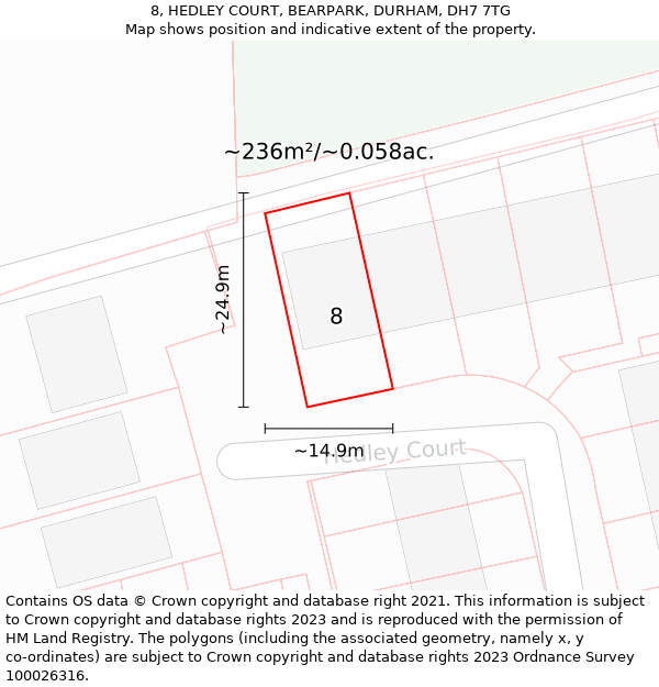 8, HEDLEY COURT, BEARPARK, DURHAM, DH7 7TG: Plot and title map