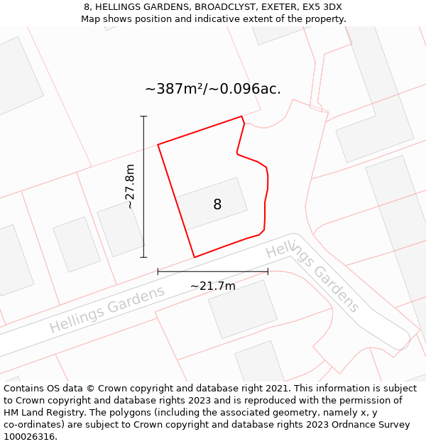 8, HELLINGS GARDENS, BROADCLYST, EXETER, EX5 3DX: Plot and title map