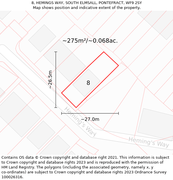 8, HEMINGS WAY, SOUTH ELMSALL, PONTEFRACT, WF9 2SY: Plot and title map