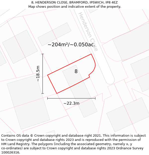 8, HENDERSON CLOSE, BRAMFORD, IPSWICH, IP8 4EZ: Plot and title map