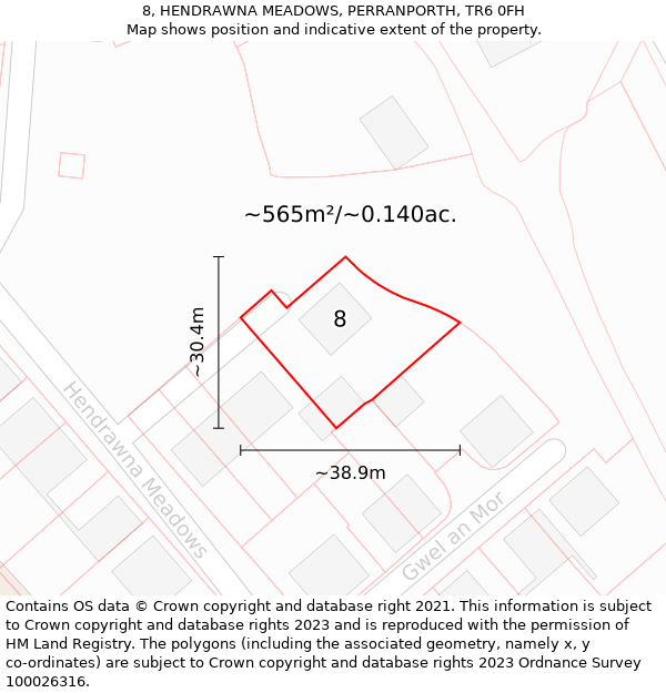 8, HENDRAWNA MEADOWS, PERRANPORTH, TR6 0FH: Plot and title map