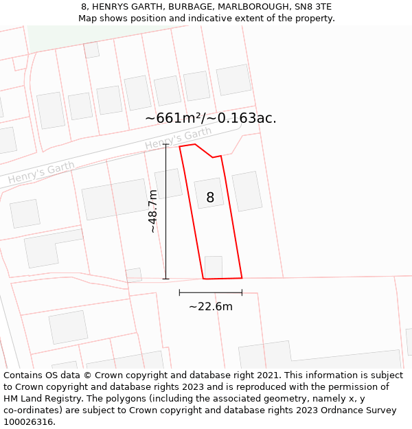 8, HENRYS GARTH, BURBAGE, MARLBOROUGH, SN8 3TE: Plot and title map