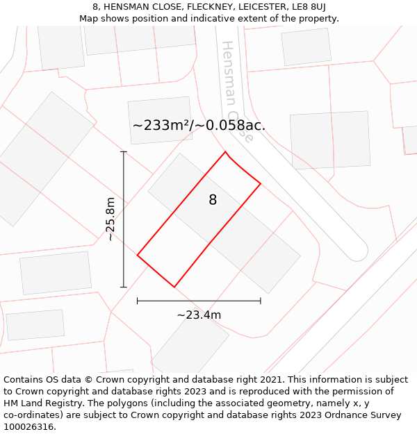 8, HENSMAN CLOSE, FLECKNEY, LEICESTER, LE8 8UJ: Plot and title map