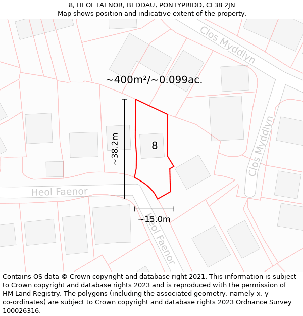 8, HEOL FAENOR, BEDDAU, PONTYPRIDD, CF38 2JN: Plot and title map