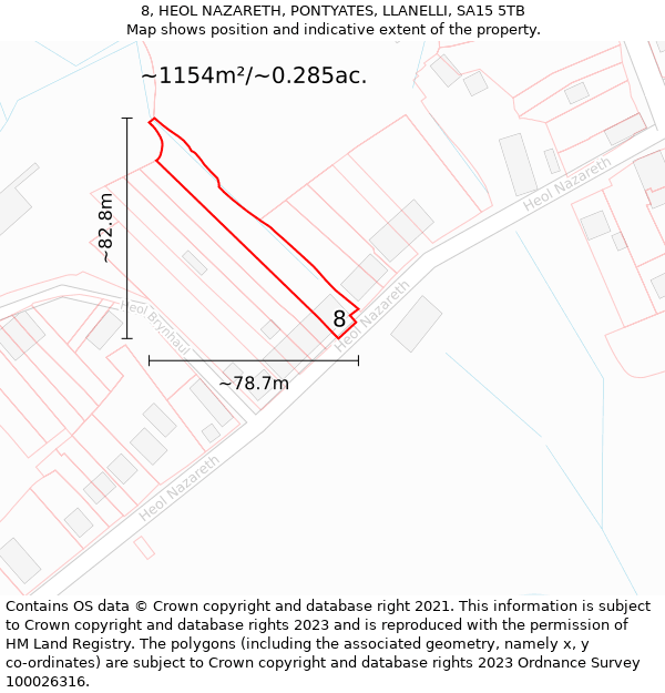 8, HEOL NAZARETH, PONTYATES, LLANELLI, SA15 5TB: Plot and title map