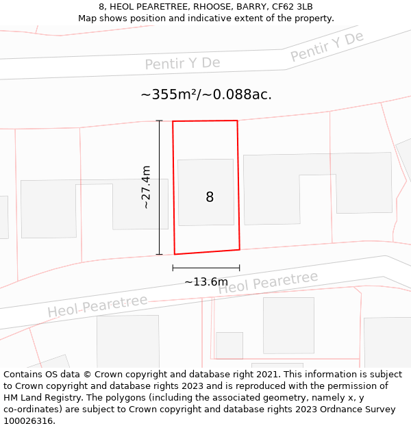 8, HEOL PEARETREE, RHOOSE, BARRY, CF62 3LB: Plot and title map