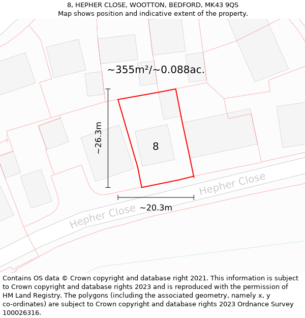 8, HEPHER CLOSE, WOOTTON, BEDFORD, MK43 9QS: Plot and title map