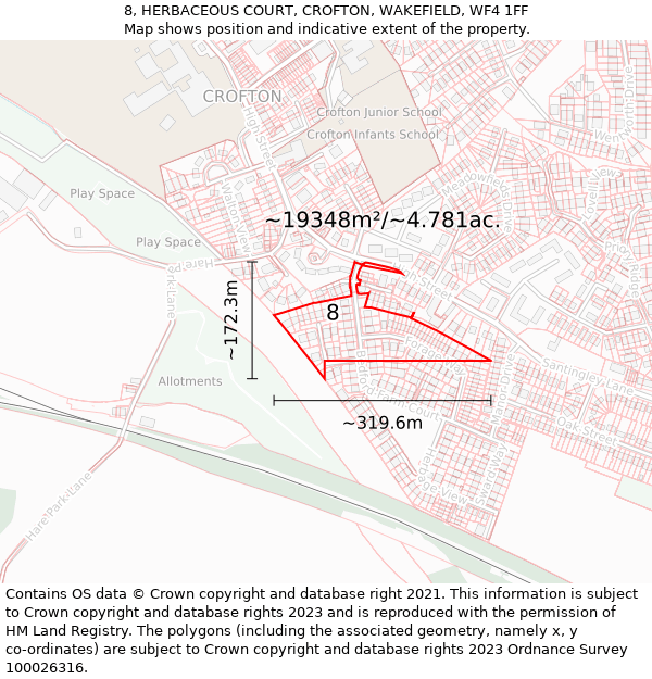 8, HERBACEOUS COURT, CROFTON, WAKEFIELD, WF4 1FF: Plot and title map