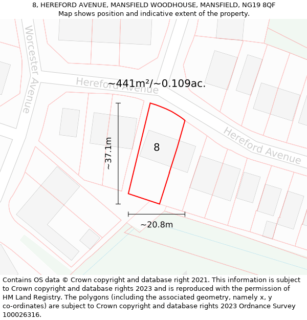 8, HEREFORD AVENUE, MANSFIELD WOODHOUSE, MANSFIELD, NG19 8QF: Plot and title map