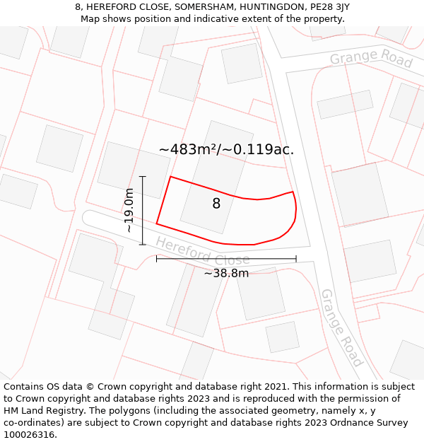 8, HEREFORD CLOSE, SOMERSHAM, HUNTINGDON, PE28 3JY: Plot and title map