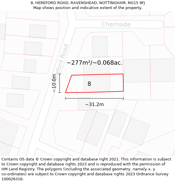 8, HEREFORD ROAD, RAVENSHEAD, NOTTINGHAM, NG15 9FJ: Plot and title map