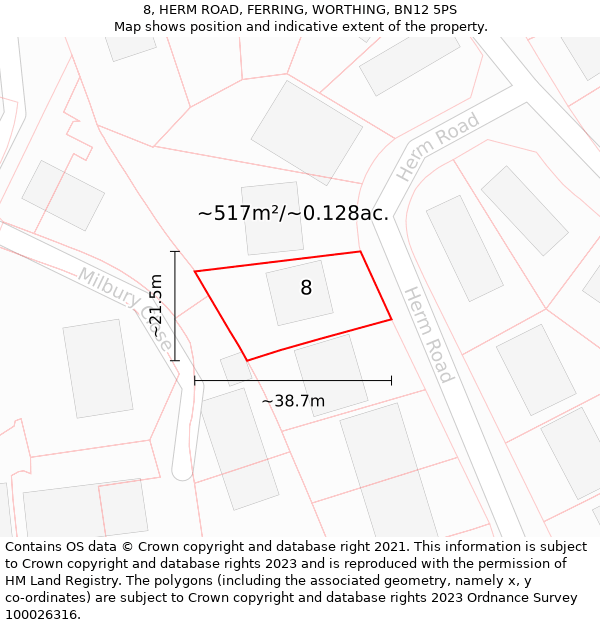 8, HERM ROAD, FERRING, WORTHING, BN12 5PS: Plot and title map