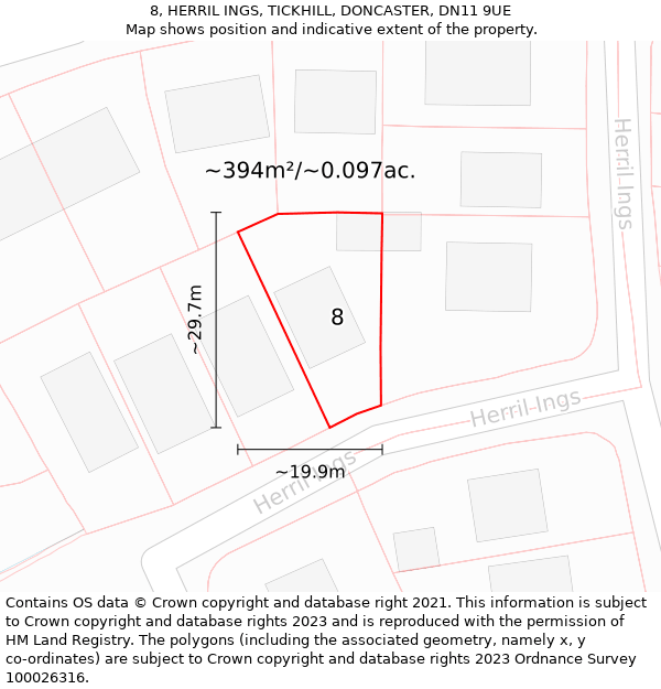 8, HERRIL INGS, TICKHILL, DONCASTER, DN11 9UE: Plot and title map