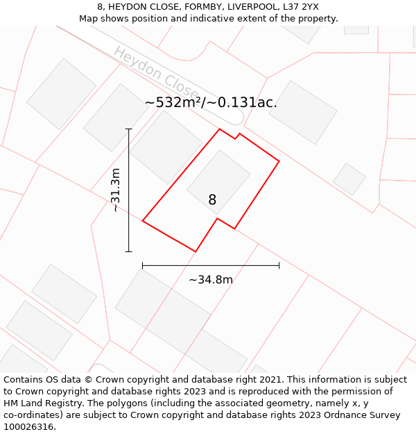 8, HEYDON CLOSE, FORMBY, LIVERPOOL, L37 2YX: Plot and title map