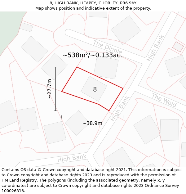 8, HIGH BANK, HEAPEY, CHORLEY, PR6 9AY: Plot and title map