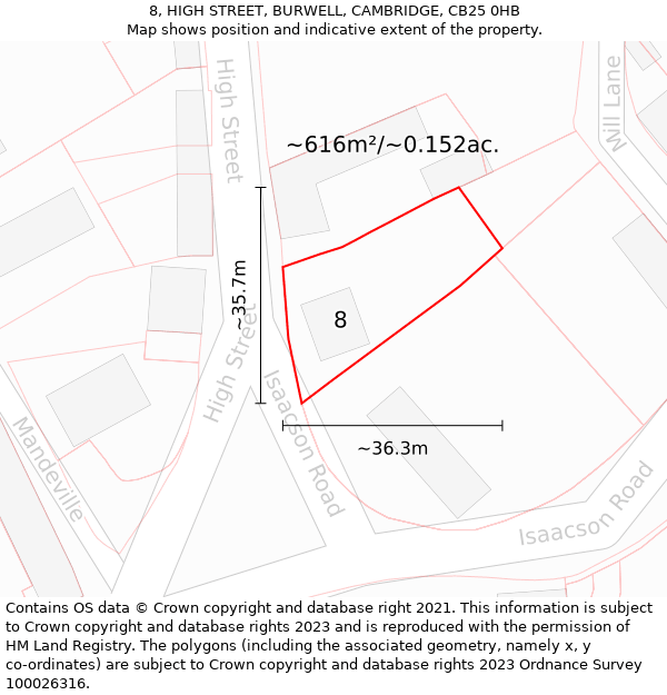 8, HIGH STREET, BURWELL, CAMBRIDGE, CB25 0HB: Plot and title map