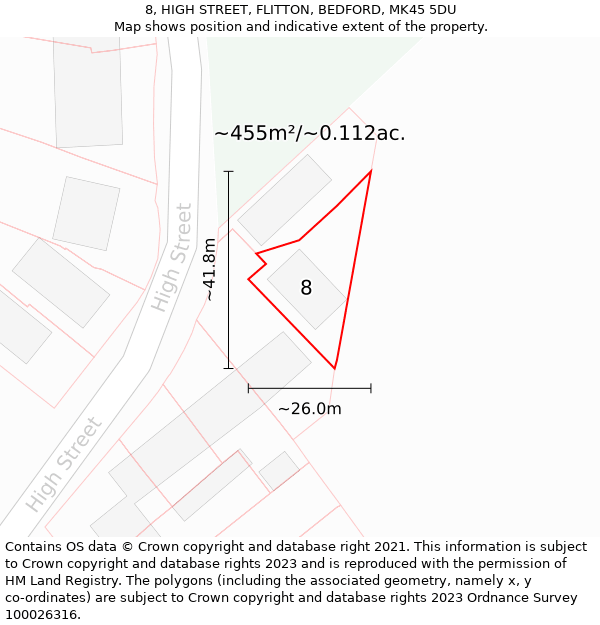 8, HIGH STREET, FLITTON, BEDFORD, MK45 5DU: Plot and title map