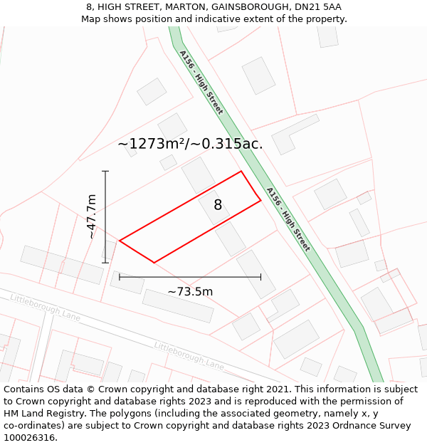 8, HIGH STREET, MARTON, GAINSBOROUGH, DN21 5AA: Plot and title map