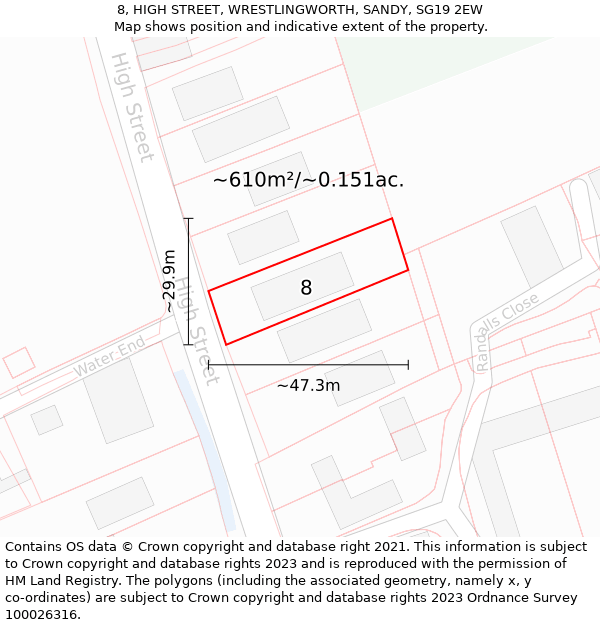 8, HIGH STREET, WRESTLINGWORTH, SANDY, SG19 2EW: Plot and title map