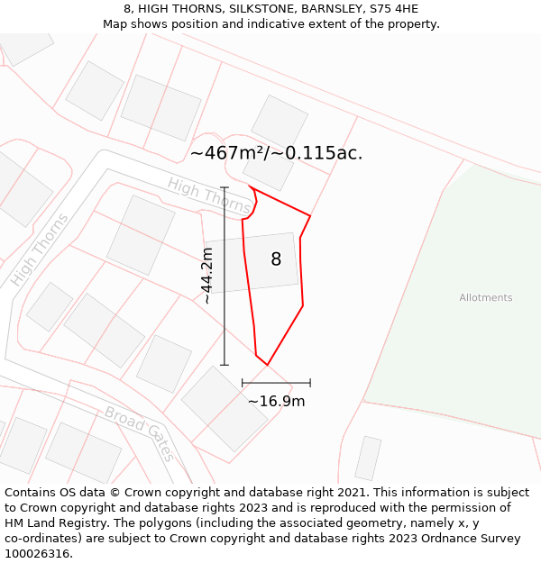 8, HIGH THORNS, SILKSTONE, BARNSLEY, S75 4HE: Plot and title map