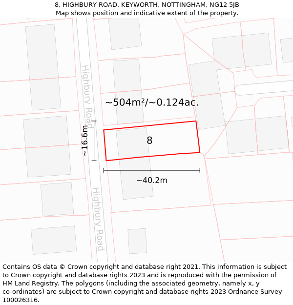 8, HIGHBURY ROAD, KEYWORTH, NOTTINGHAM, NG12 5JB: Plot and title map