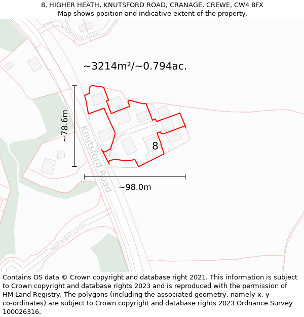 8, HIGHER HEATH, KNUTSFORD ROAD, CRANAGE, CREWE, CW4 8FX: Plot and title map