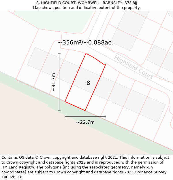 8, HIGHFIELD COURT, WOMBWELL, BARNSLEY, S73 8JJ: Plot and title map