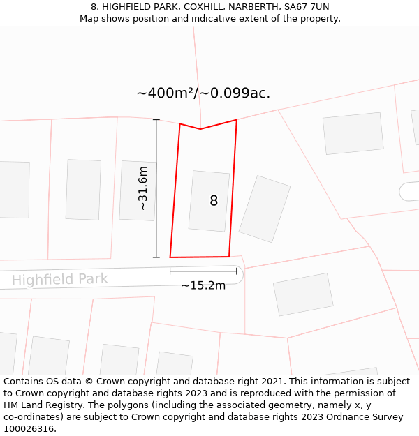 8, HIGHFIELD PARK, COXHILL, NARBERTH, SA67 7UN: Plot and title map