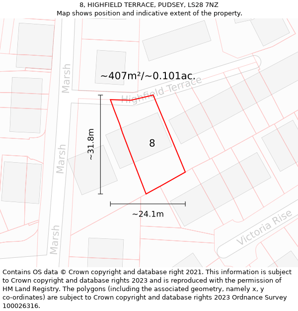 8, HIGHFIELD TERRACE, PUDSEY, LS28 7NZ: Plot and title map