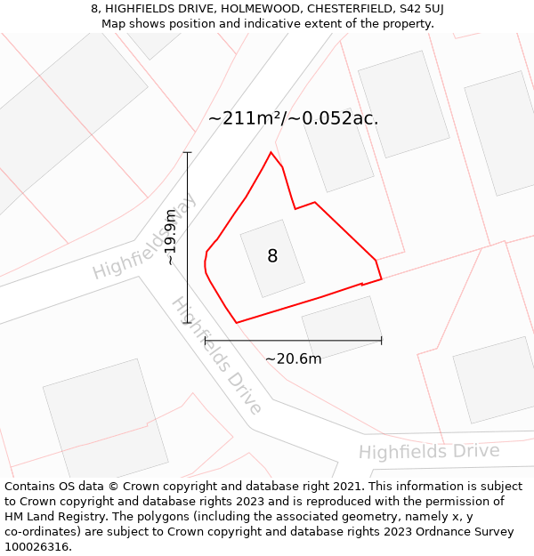 8, HIGHFIELDS DRIVE, HOLMEWOOD, CHESTERFIELD, S42 5UJ: Plot and title map