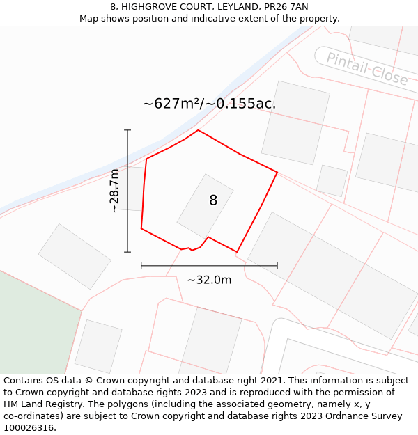 8, HIGHGROVE COURT, LEYLAND, PR26 7AN: Plot and title map