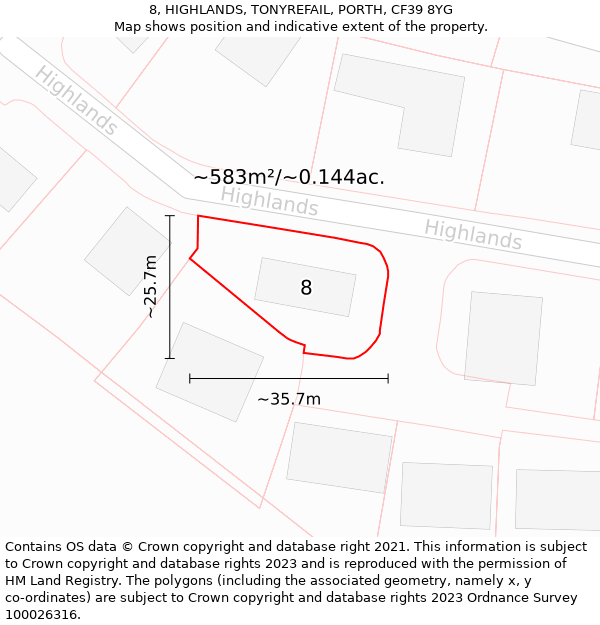 8, HIGHLANDS, TONYREFAIL, PORTH, CF39 8YG: Plot and title map