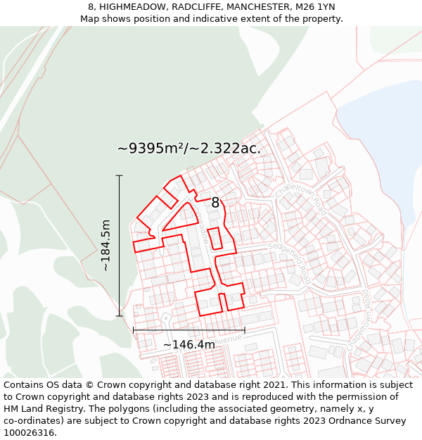 8, HIGHMEADOW, RADCLIFFE, MANCHESTER, M26 1YN: Plot and title map