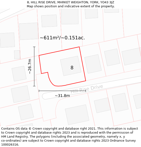 8, HILL RISE DRIVE, MARKET WEIGHTON, YORK, YO43 3JZ: Plot and title map