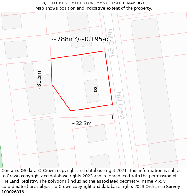 8, HILLCREST, ATHERTON, MANCHESTER, M46 9GY: Plot and title map