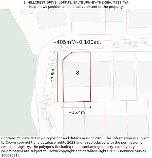 8, HILLCREST DRIVE, LOFTUS, SALTBURN-BY-THE-SEA, TS13 4YA: Plot and title map