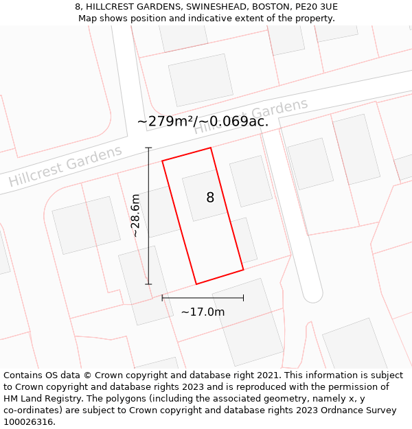 8, HILLCREST GARDENS, SWINESHEAD, BOSTON, PE20 3UE: Plot and title map