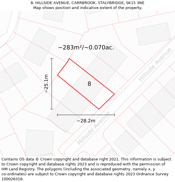 8, HILLSIDE AVENUE, CARRBROOK, STALYBRIDGE, SK15 3NE: Plot and title map