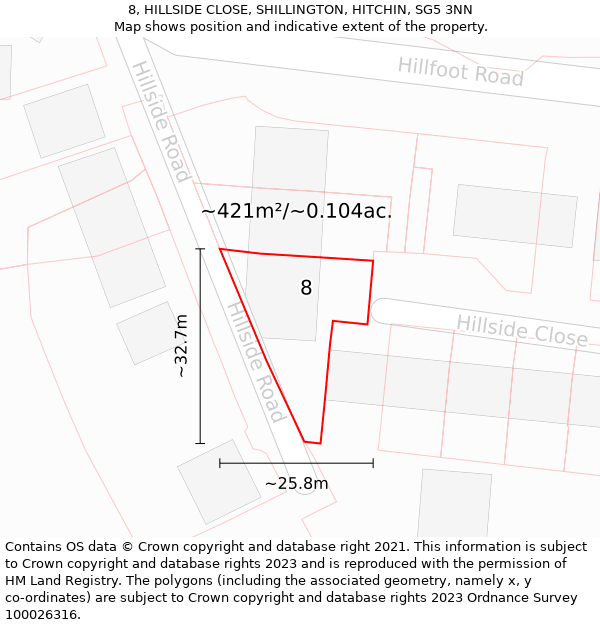 8, HILLSIDE CLOSE, SHILLINGTON, HITCHIN, SG5 3NN: Plot and title map