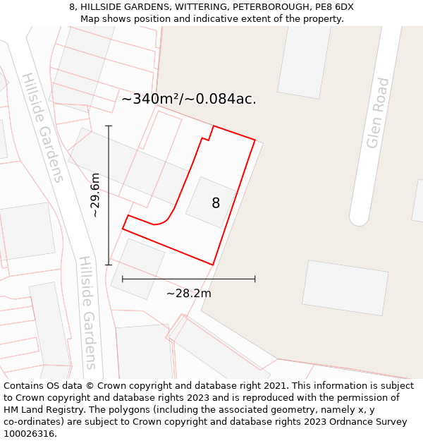 8, HILLSIDE GARDENS, WITTERING, PETERBOROUGH, PE8 6DX: Plot and title map