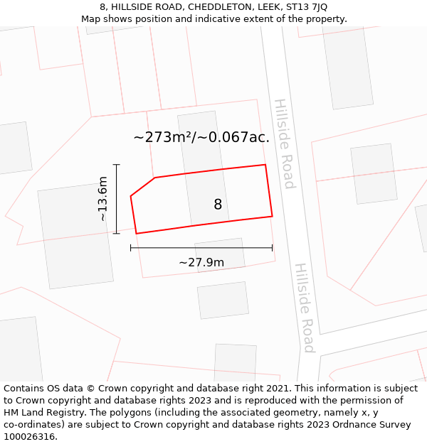 8, HILLSIDE ROAD, CHEDDLETON, LEEK, ST13 7JQ: Plot and title map