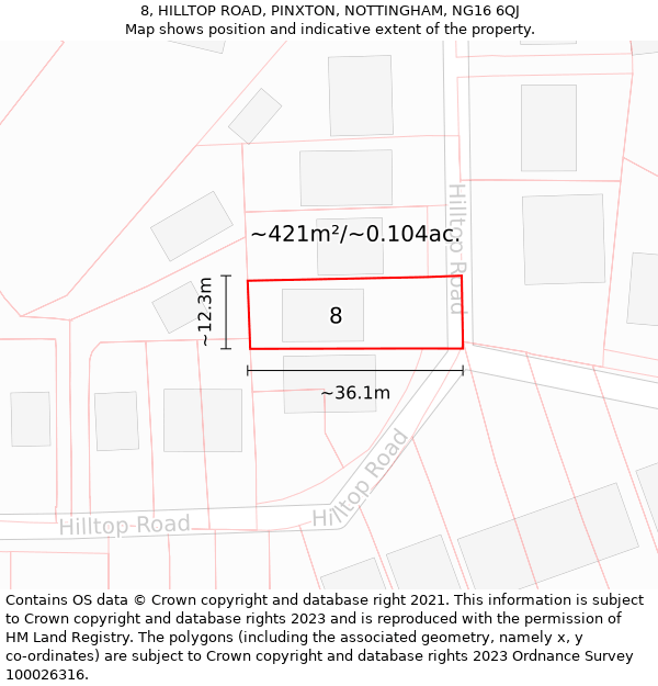 8, HILLTOP ROAD, PINXTON, NOTTINGHAM, NG16 6QJ: Plot and title map