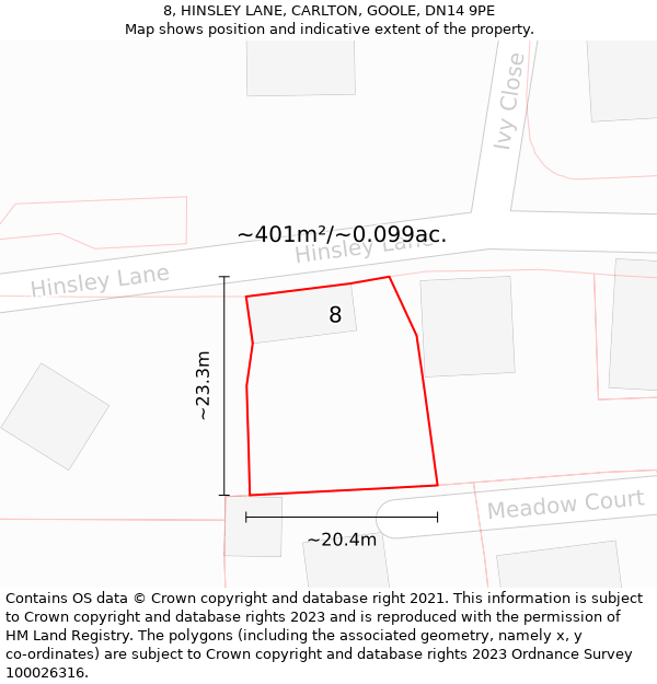 8, HINSLEY LANE, CARLTON, GOOLE, DN14 9PE: Plot and title map