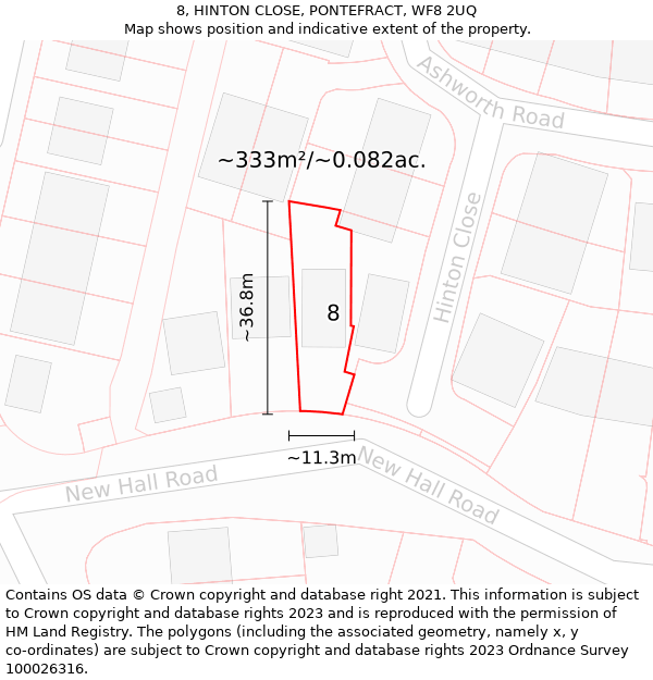 8, HINTON CLOSE, PONTEFRACT, WF8 2UQ: Plot and title map