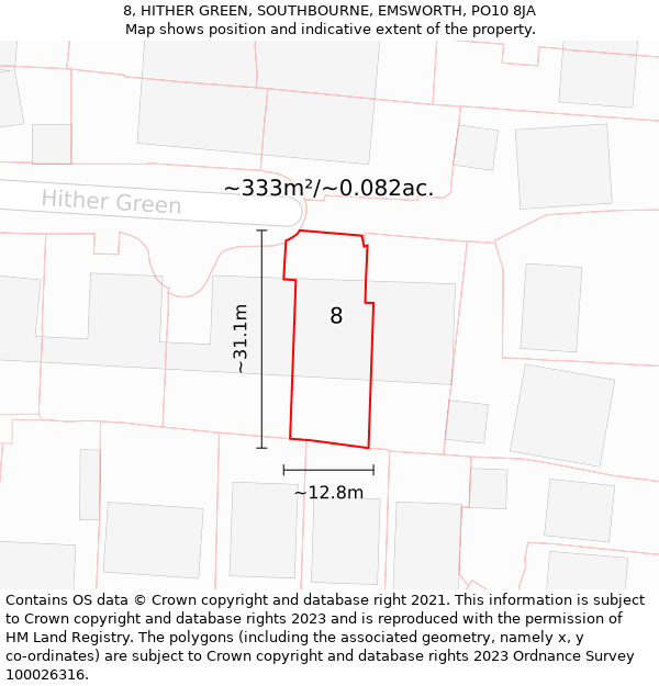 8, HITHER GREEN, SOUTHBOURNE, EMSWORTH, PO10 8JA: Plot and title map